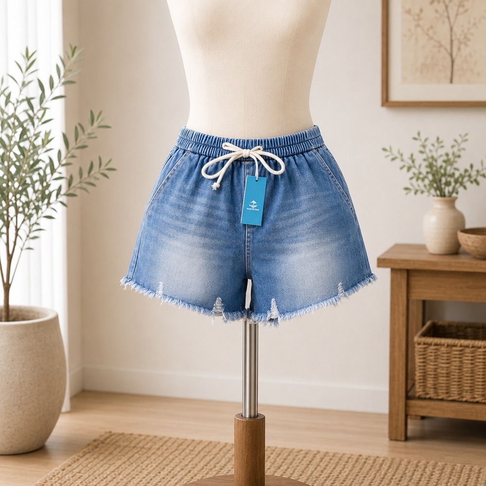 NWT Cupshe Denim Shorts Womens XS Blue Frayed Hem‎ Elastic Waist Drawstring